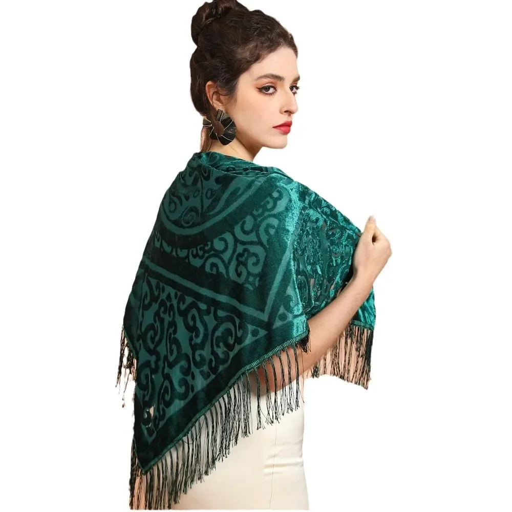 Shawl Wrap Winter - AW25 Samt-Jacquard-Schal mit Quastenbesatz – Vintage-Boho-Oriental-Schal